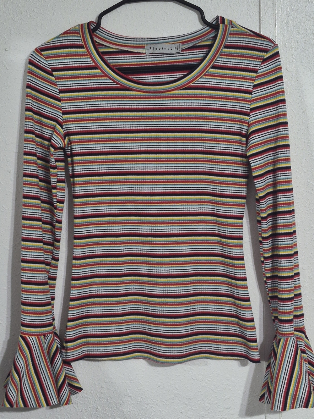 Y2K 36 Point 5 Rainbow Stripe Ribbed Bell Sleeve Top Stretch Fitted Size M